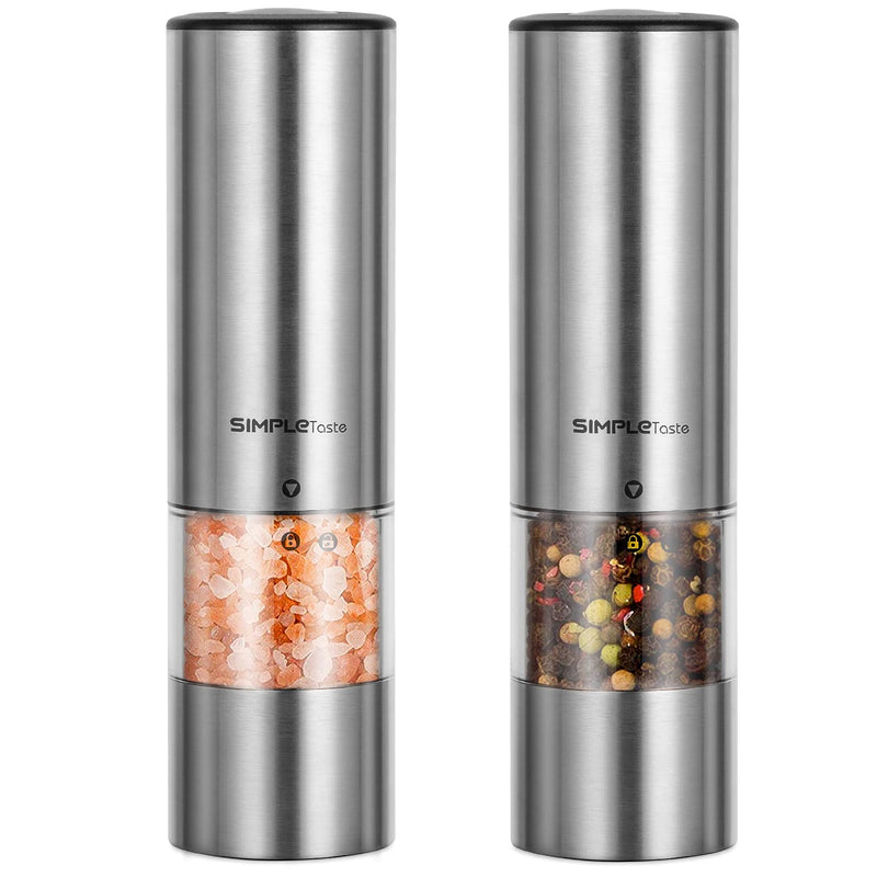 [Australia - AusPower] - SIMPLETASTE Electric Pepper Grinder Mill, Salt and Pepper Grinder Set with Automatic Operation and Adjustable Coarseness, Battery Operated, Stainless Steel, Set of 2 