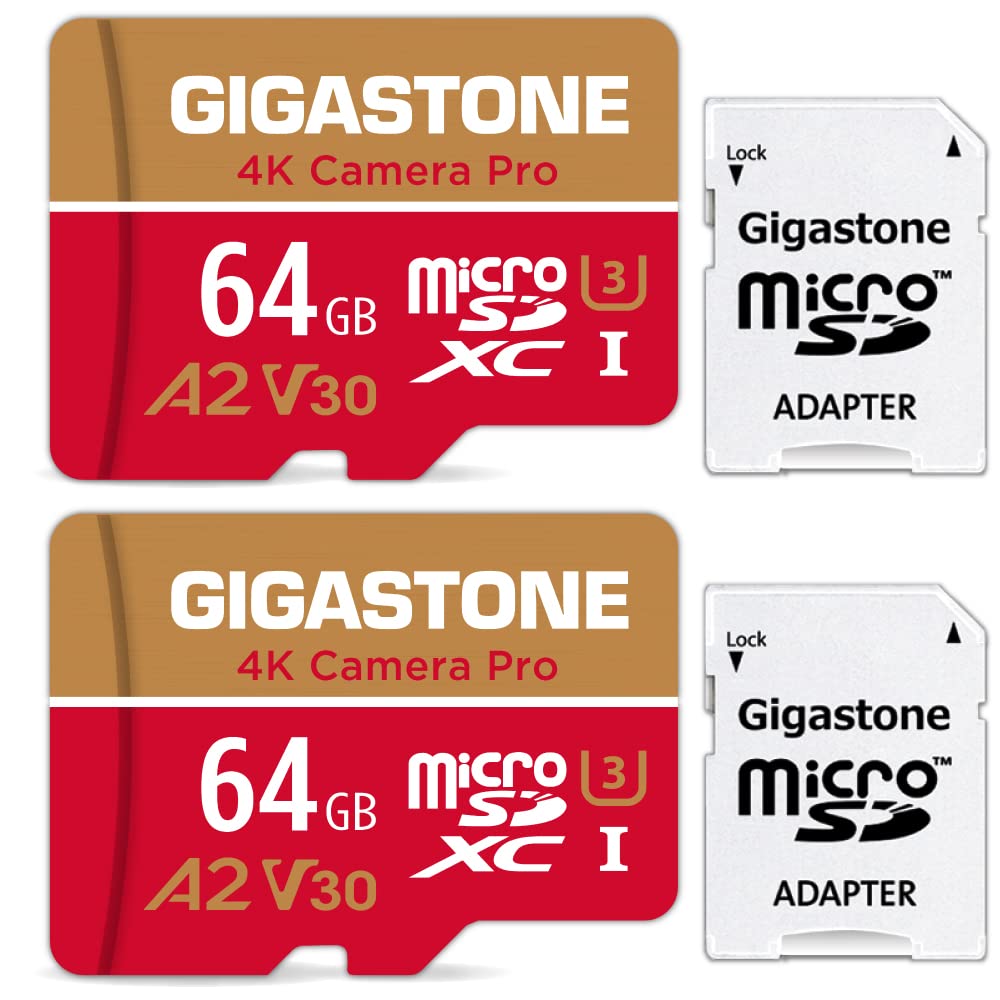 [Australia - AusPower] - Gigastone 64GB 2-Pack Micro SD Card, 4K Camera Pro for GoPro, Security Camera, Wyze, DJI, R/W up to 95/35MB/s MicroSDXC Memory Card UHS-I U3 A2 V30 