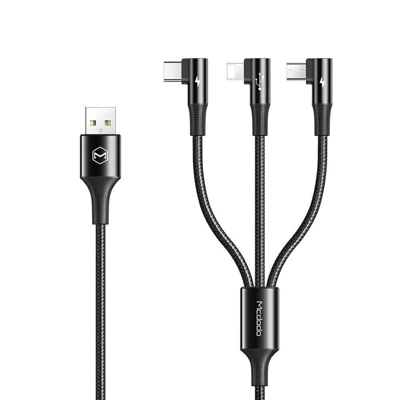 [Australia - AusPower] - Mcdodo 3 in 1 Multi Charger 90 Degree Cable Nylon Braided Universal Multiple USB Charging Cord Adapter iOS/Type-C/Micro Compatible with Cell Phones Tablets More(Charging Only) (3 in1 Black, 4FT/1.2M) 3 in1 Black 