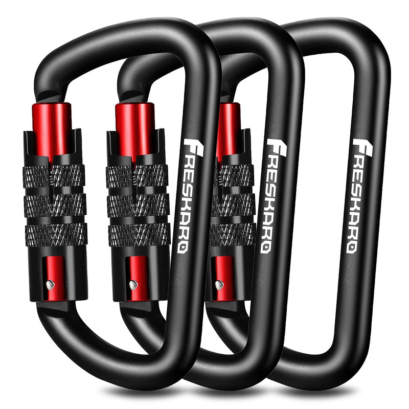 [Australia - AusPower] - FresKaro 3inch Auto Locking Carabiner Clips, Solid D Shape Style, Strong and Heavy Duty Hold Max 2698lbs, Ultra Light 1.09oz, Black (Black, Pink) Black-3pcs 