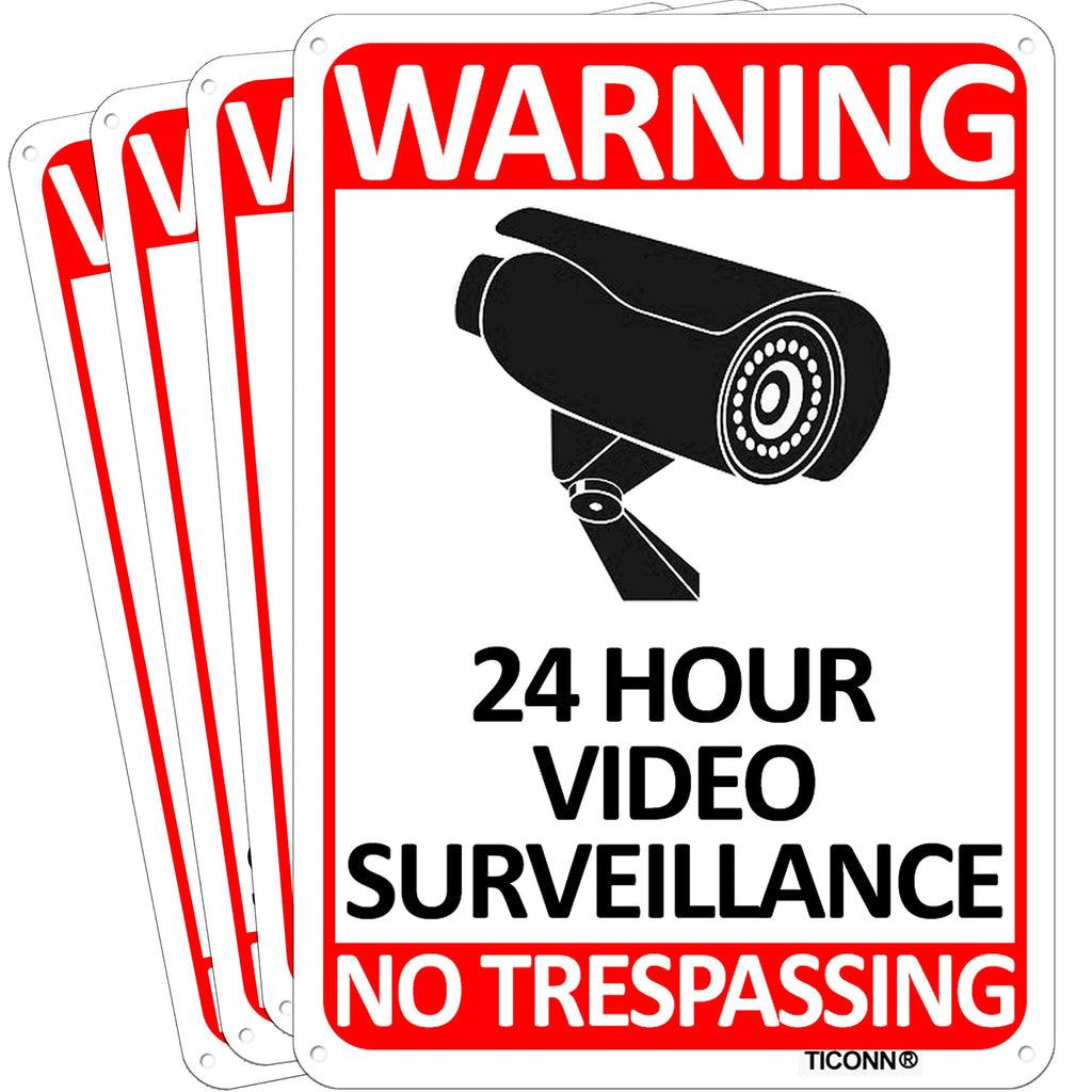 [Australia - AusPower] - TICONN 4-Pack 24 Hour Video Surveillance Sign, No Trespassing Aluminum Warning Sign, 10x7 for CCTV Security Camera - Reflective, UV Protected 