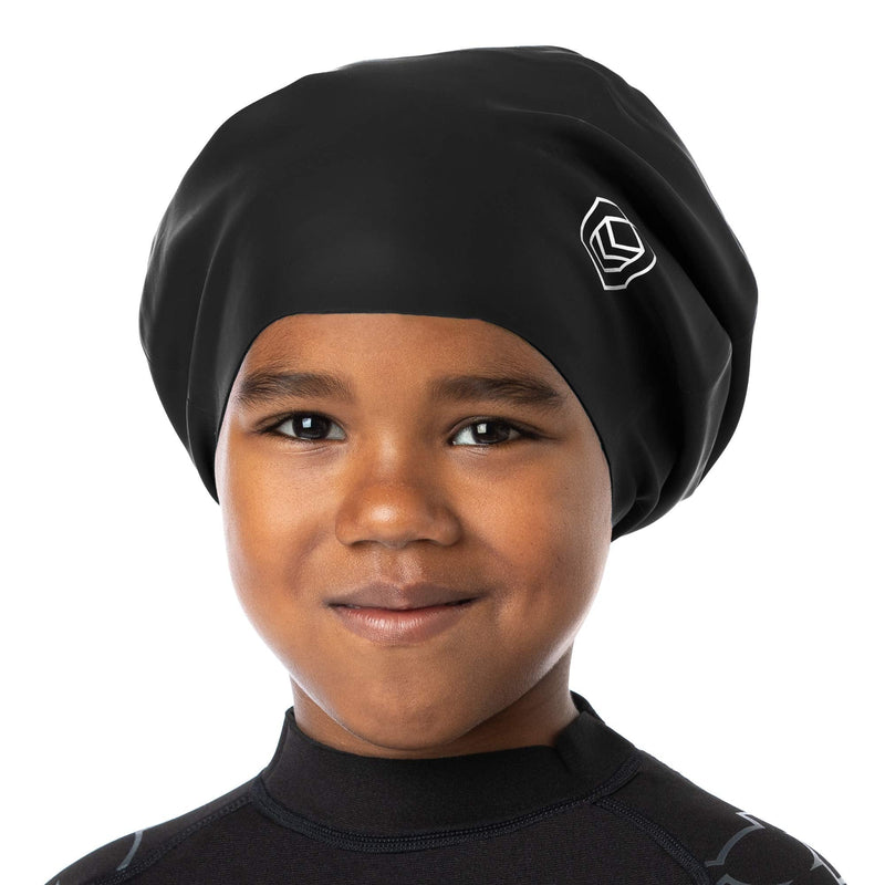 [Australia - AusPower] - SOUL CAP JR - Large Swimming Cap for Children - Designed for Long Hair, Dreadlocks, Weaves, Hair Extensions, Braids, Curls & Afros - Silicone Medium Black 