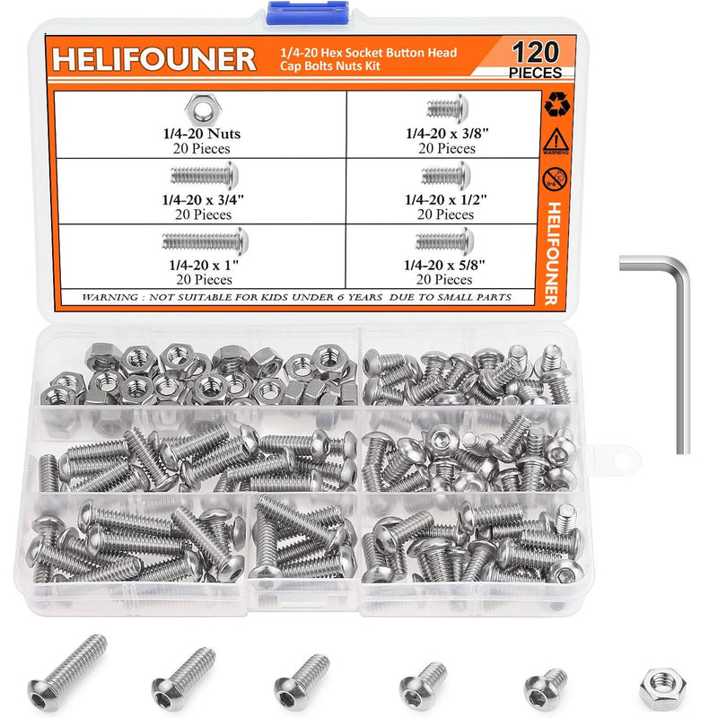 [Australia - AusPower] - HELIFOUNER 120 Pieces 5 Sizes 304 Stainless Steel 1/4-20 x 3/8" 1/2" 5/8" 3/4" 1" UNC Thread Hex Button Head Cap Bolts Kit 