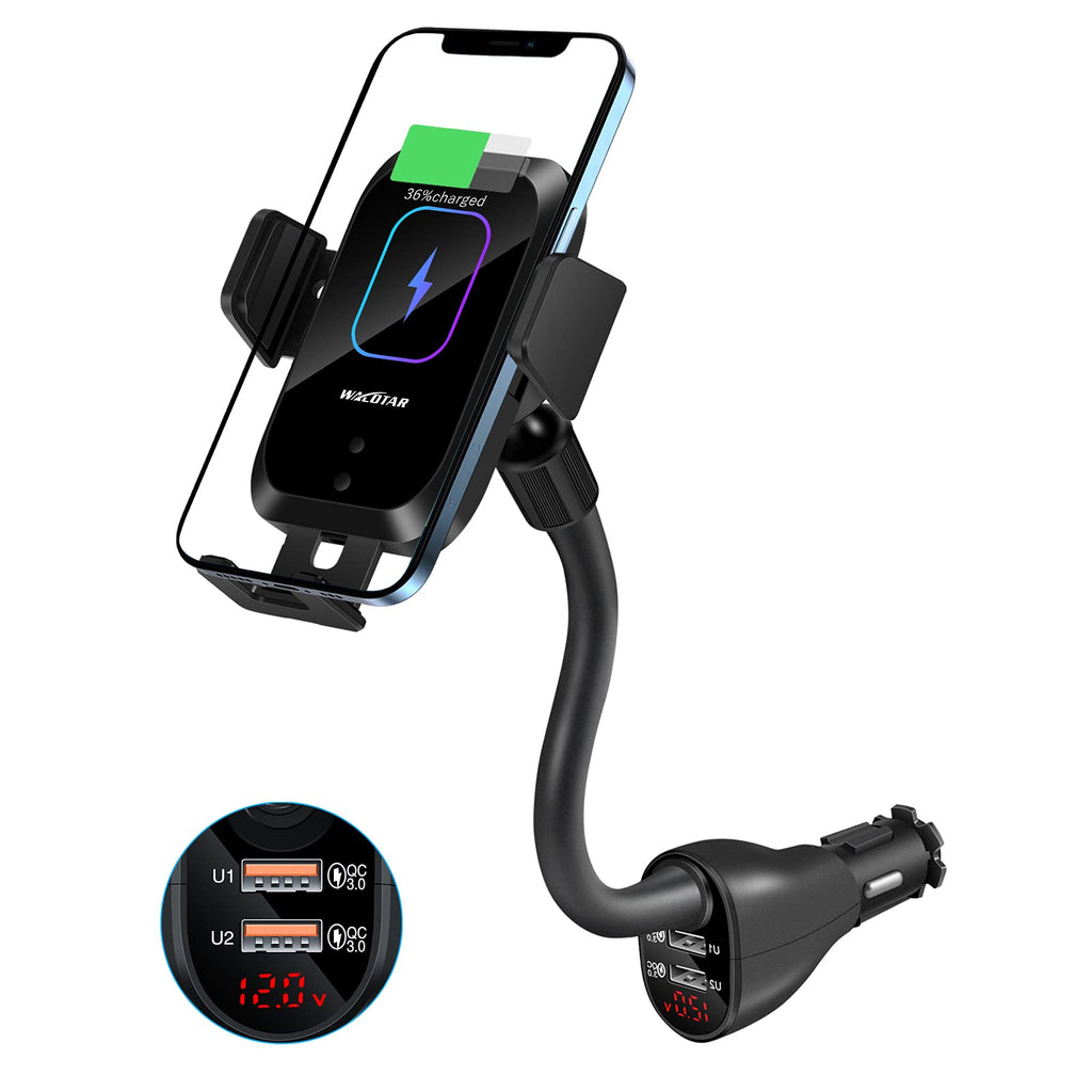 [Australia - AusPower] - Car Cigarette Lighter Wireless Charger Mount- Automatic Clamping Phone Holder,Infrared Smart Sensor Dual USB QC3.0 Ports 15W 7.5W Qi Fast Charging Air Vent Cradle for Cell Phone 