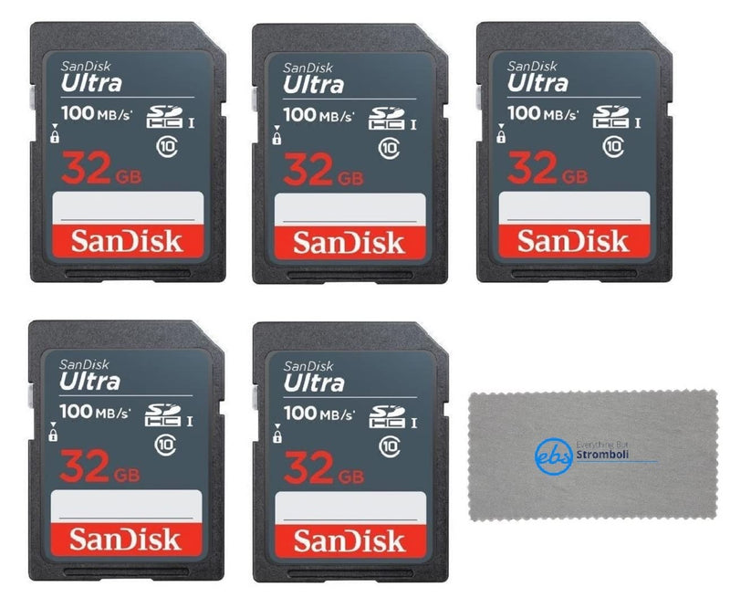 [Australia - AusPower] - SanDisk 32GB Ultra SD Memory Card (5 Pack) SDHC UHS-I Card Class 10 (SDSDUNR-032G-GN3IN) Bundle with 1 Everything But Stromboli Microfiber Cloth 