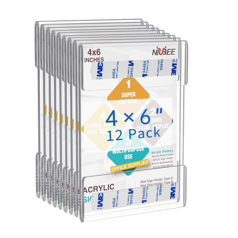 [Australia - AusPower] - Niubee 4 x 6 inch Wall Mount Acrylic Sign Holder with 3M Tape Adhesive for Office, Home, Store, Restaurant, No Drilling - Vertical (12 Pack) 4x6" 