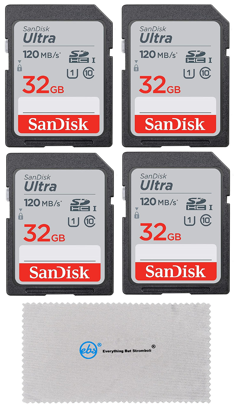 [Australia - AusPower] - SanDisk 32GB Ultra SD Memory Card (4 Pack) SDHC UHS-I Card 120 MB/s Class 10 (SDSDUN4-032G-GN6IN) Bundle with (1) Everything But Stromboli Micro Fiber Cloth 
