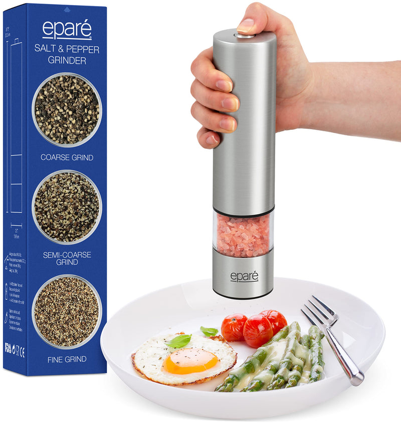 [Australia - AusPower] - Electric Salt or Pepper Grinder - Battery Operated Ceramic Burr Peppermill Shaker - Automatic Stainless Steel Grinders - Mill With LED Light by Eparé 