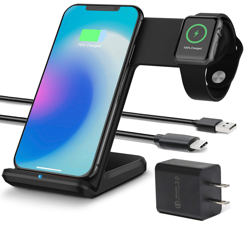 [Australia - AusPower] - OCOMMO Upgraded 2 in 1 Wireless Charger for Apple Watch 5,4,3,2,1, iPhone 11, 11 PRO, 11 MAX PRO, XS MAX, XR, XS, 8Plus, iPhone and Watch Charging Station (QC 3.0 Adapter Included), Black 