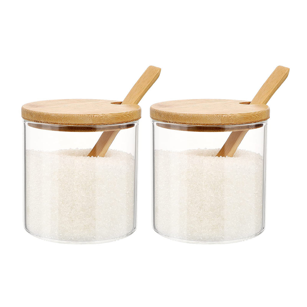 [Australia - AusPower] - UPKOCH 2pcs Condiment Spice Jars Glass Condiment Seasoning Container Pots with Spoon Wood Lids Storage Canister for Kitchen 