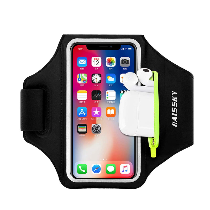 [Australia - AusPower] - Running Armband with Airpods Bag Cell Phone Armband for iPhone 12/11 Pro /11/XR/XS/X/8, Galaxy S9/S8 Water Resistant Sports Phone Holder Case & Zipper Slot Car Key Holder for 6.5 inch Phone Black (Up to 6.5'') 