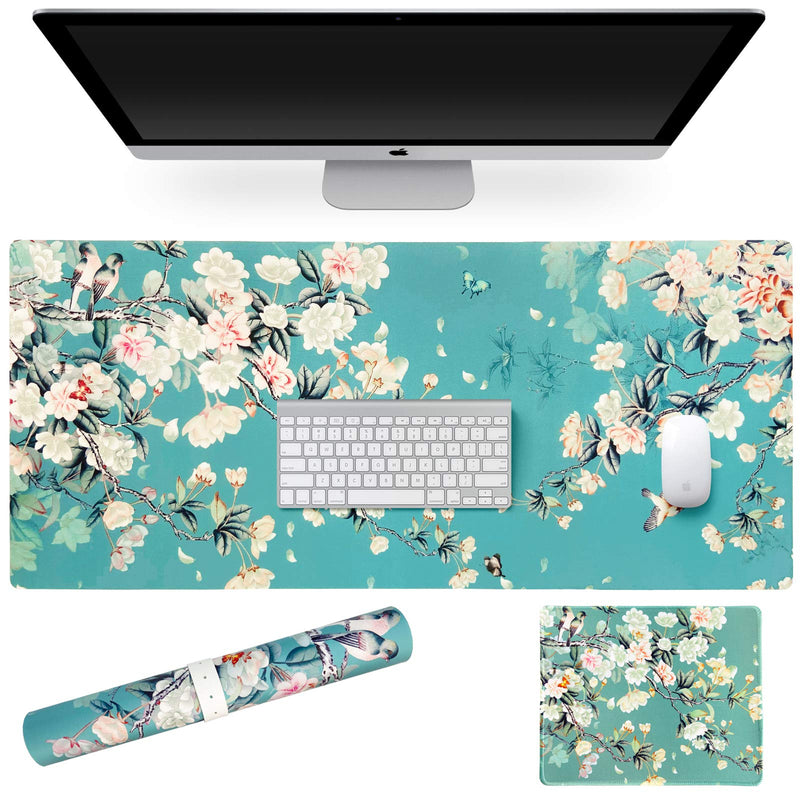 [Australia - AusPower] - Sanfulin Multifunctional PU Leather Office Desk Pad 35.4''X15.7'' with Floral Design + Mouse Pad 10.2''×8.3''×0.12'', Extended Large Non Slip Ultra Thin Waterproof Desk Writing Mat (Chinese Flower) Chinese Flower 