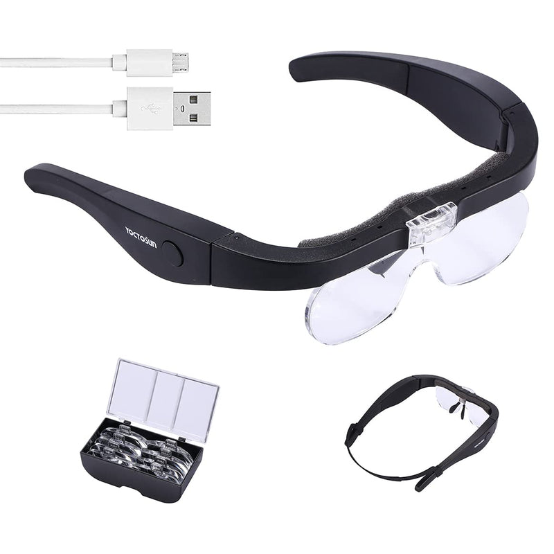 [Australia - AusPower] - YOCTOSUN Rechargeable Magnifying Glasses, Head Magnifier Glasses with 2 LED Lights and Detachable Lenses 1.5X, 2.5X, 3.5X,5X, Best Eyeglasses Magnifier for Reading and Hobby Headset Magnifier 