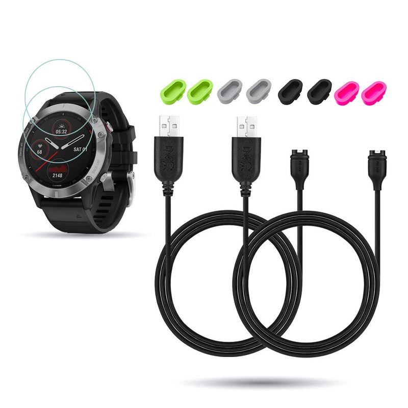 [Australia - AusPower] - 2Pack for Garmin Fenix 6/6 Pro/ 6 Sapphire/6 Solar Charging Sync Data Cable and 2Pcs Free HD Tempered Glass Screen Protector and 8pcs Color Charger Port Protector for Smart Watch 
