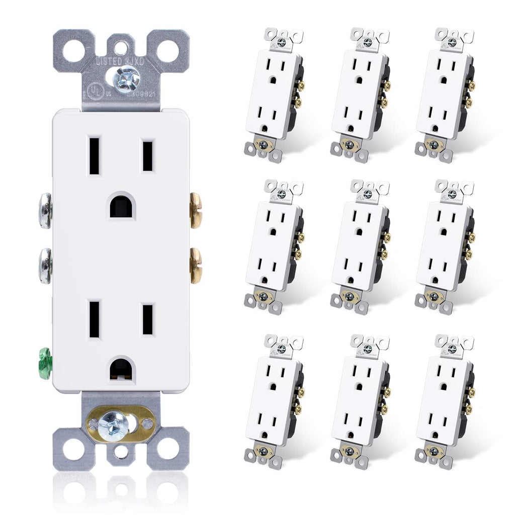 [Australia - AusPower] - ELEGRP Decorator Receptacle, 15A 125V Standard Electrical Wall Outlet, 2 Pole 3 Wire, Non- tamper Resistant, NEMA 5-15R, Self-Grounding Residential Grade Outlet, UL (Glossy White, 10 Pack) Decorator Outlet 