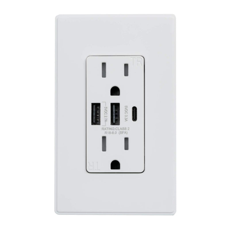 [Australia - AusPower] - ELEGRP 30W 6.0 Amp 3-Port Type C USB Wall Outlet, Smart Chip High Speed Charging for iPhone, iPad, Samsung, Google, LG, HTC, Android Devices, Tablets and More, UL Listed, w/Wall Plate, 1 Pack, White 15 Amp Outlet 