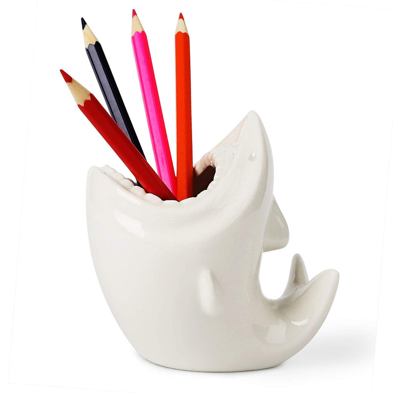 [Australia - AusPower] - ComSaf Cute Shark Shaped Pen Pencil Holder, White Ceramic Succulent Planter Pots for Home Office Decoration Desk Organization, Set of 1 