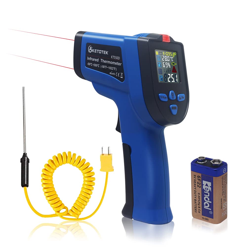 [Australia - AusPower] - Ketotek Infrared Thermometer Laser Digital Temperature Gun Non Contact -58~1022℉ with K Type Thermocouple Probe Humidity Measurement NCV Color LCD for Cooking Pizza Oven BBQ Freezer Industrial 