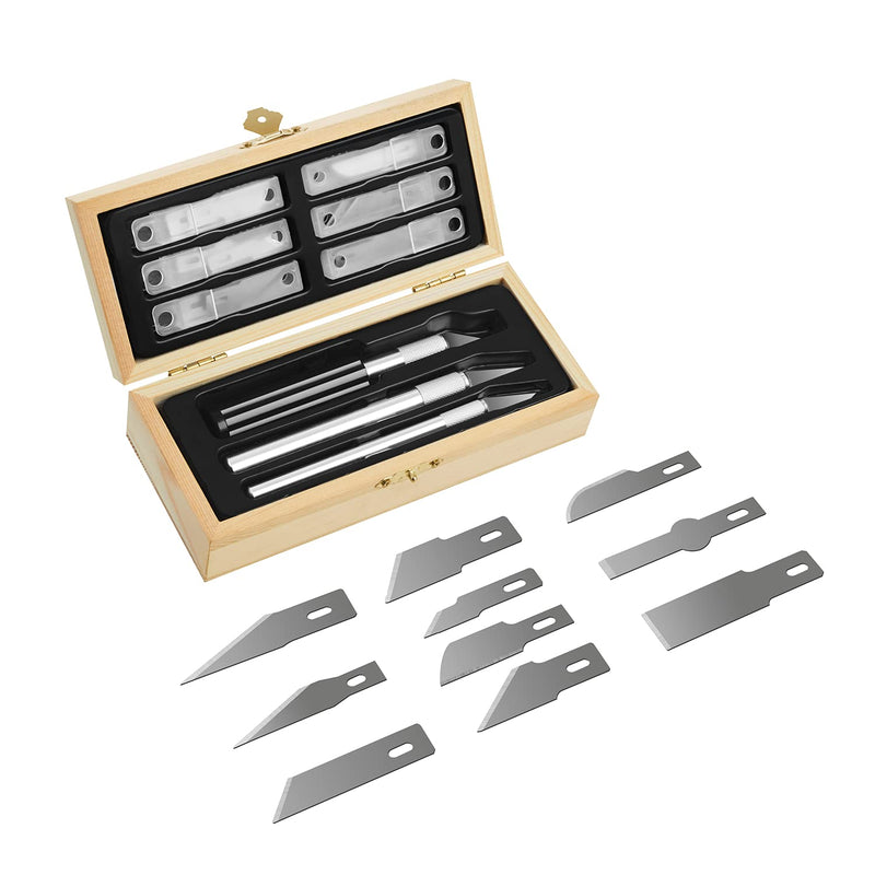 [Australia - AusPower] - Headley Tools Precision Craft Hobby Knife Set (38pcs) with Wooden Chest, Razor Sharp Knives for Scrapbooking, Art Modeling, Sculpture, Wood&Leather Working- Fine Point, Scoring, Chiseling Blades 