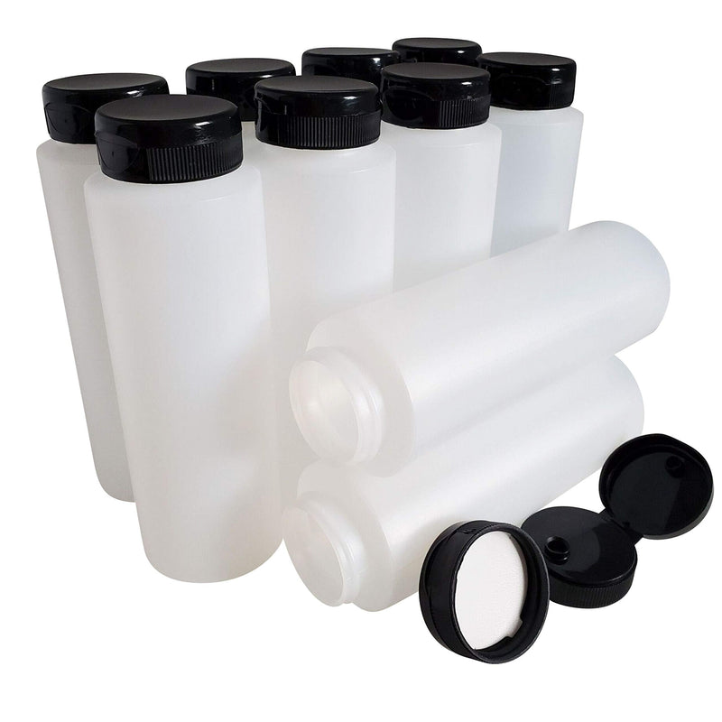 [Australia - AusPower] - kelkaa 8oz HDPE Plastic Squeeze Bottles with Wide Mouth Opening, Black Flip Top Caps for Condiments and Any Thick Liquid Products, Multi Purpose Refillable Empty Bottles (Pack of 10) 