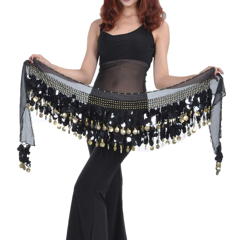 [Australia - AusPower] - 88 Colorful Gold Coins Plus Size Chiffon Belly Dance Hip Scarf Dance Skirt Belt Waist Chain Black 