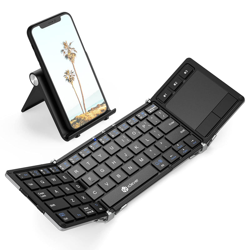 [Australia - AusPower] - Foldable Keyboard, iClever BK08 Bluetooth Keyboard with Sensitive Touchpad (Sync Up to 3 Devices), Pocket-Sized Tri-Folded Portable Keyboard for iPad Mac iPhone Android Windows iOS, Silver 