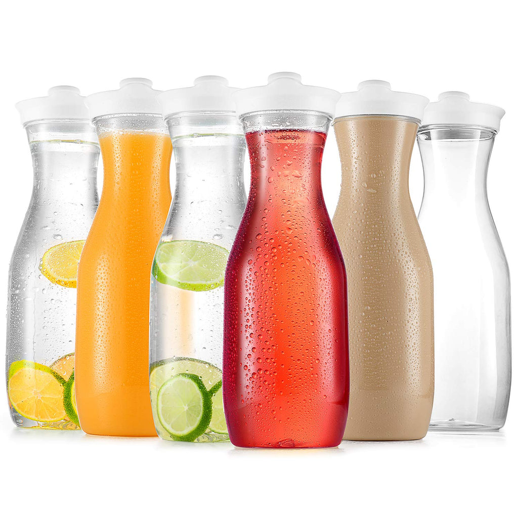 [Australia - AusPower] - Plastic Carafe Water Pitcher - Carafes for Mimosa Bar - Clear Juice Containers with Flip Top lids - Narrow Neck Easy Grip Wide Mouth - Party juice carafe – BPA Free – Not Dishwasher Safe(6 Pack 32 Oz) Pack of 6 32 Oz 