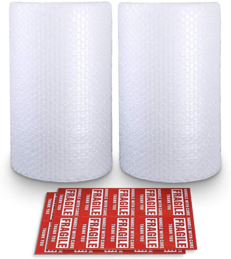 [Australia - AusPower] - Bubble Cushioning Wrap Roll 2 Pack 3/16" Air Bubble 12 Inch x 74 Feet Total, Perforated Every 12 Inch with 20pcs Fragile Stickers Packing Supplies for Heavy-Duty Moving Shipping Clear 