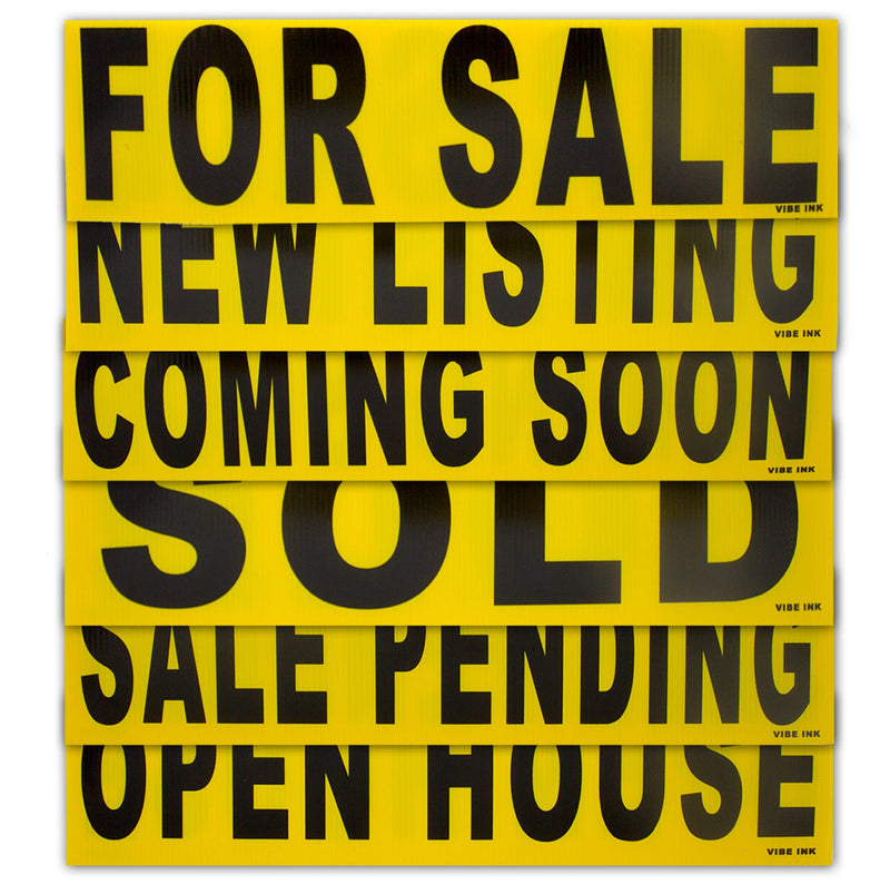 [Australia - AusPower] - 6 Pack Bundle of Real Estate Rider Signs 6x24" - For Sale, Open House, Sold, Coming Soon, Sale Pending, New Listing - Double-Sided, Waterproof Corrugated Plastic, Made in America (Black Letters) Black Letters 