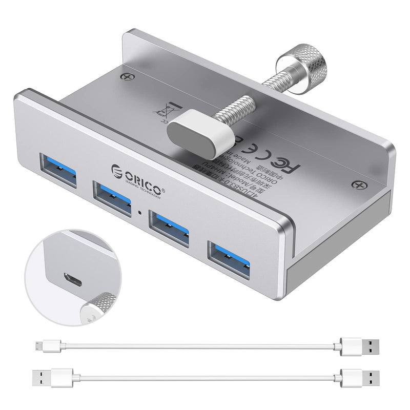 [Australia - AusPower] - ORICO 4 Port USB 3.0 Hub Clamps on Monitor or Table, USB A/A and A/C Cable Included(4.92FT), Extra Power Supply Port, Space-Saving Mountable Aluminum USB Hub for iMac, All-in-One Desktop Computer 4 port + 2 Data Cable 