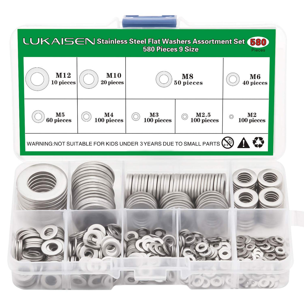 [Australia - AusPower] - 304 Stainless Steel Flat Washers Set 580 Pieces, 9 Sizes - M2 M2.5 M3 M4 M5 M6 M8 M10 M12 Suitable for Home Decoration, Factories Repair, Kitchens, Shops and Outdoor Construction 