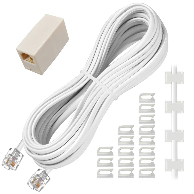 [Australia - AusPower] - Phone Extension Cord 25 Ft, Telephone Cable with Standard RJ11 Plug and 1 in-Line Couplers and 20 Cable Clip Holders, White 