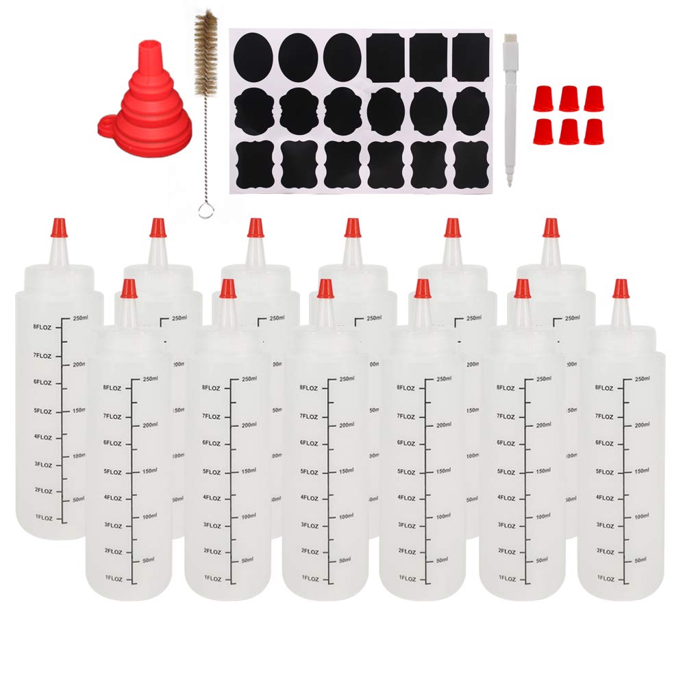 [Australia - AusPower] - Belinlen 12 Pack 8-Ounce Plastic Squeeze Bottles with Red Tip Caps and Measurement - Good for Crafts, Art, Glue, Multi Purpose Set of 12 with Extra 18 Chalk Labels 6 Red Cap and 1 Pen 8 ounce(12pack) 