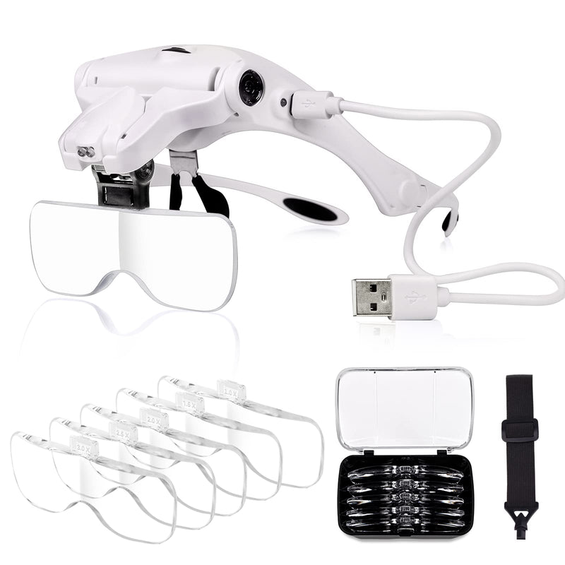 [Australia - AusPower] - Head Mount Magnifier with Light, USB Charging Magnifying Glasses for Close Work, Hands Free Magnifying Glass for Reading, Jewelers Loupe 5 Lenses 1.0X 1.5X 2.0X 2.5X 3.5X 