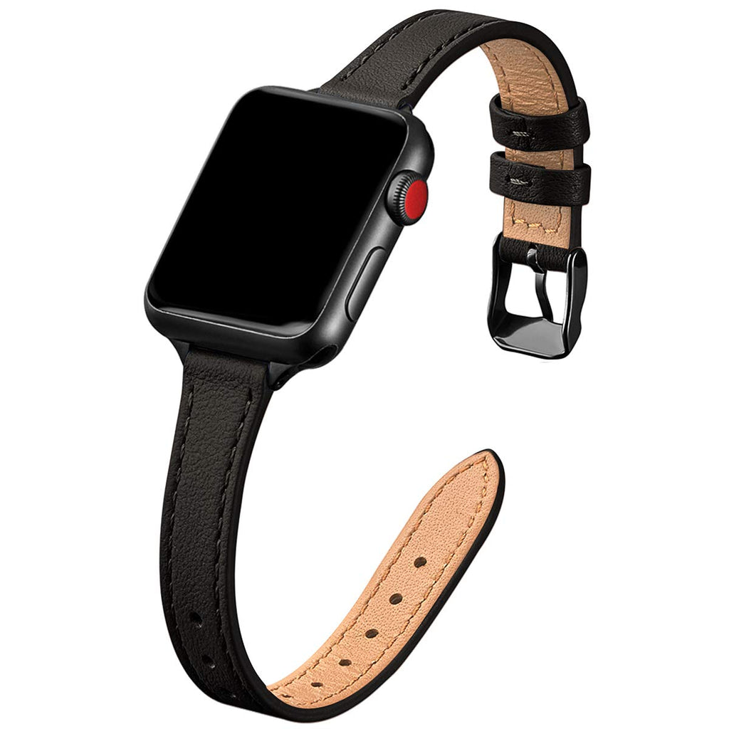 [Australia - AusPower] - STIROLL Slim Leather Bands Compatible with Apple Watch Band 38mm 40mm 41mm 42mm 44mm 45mm,Top Grain Leather Watch Thin Wristband for iWatch SE Series 7/6/5/4/3/2/1 (Black with Black, 38mm/40mm/41mm) Black with Black 