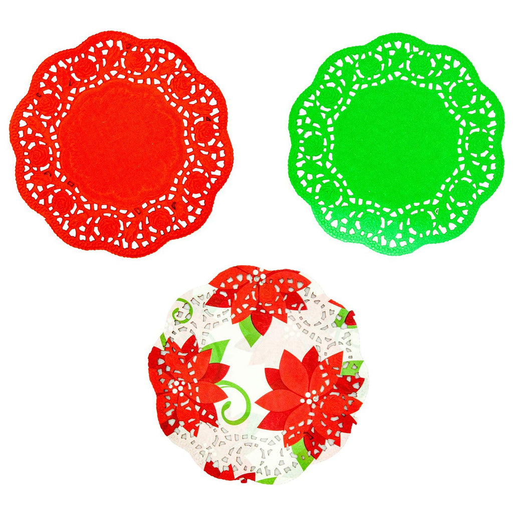[Australia - AusPower] - Holiday Paper Doilies (60 Pack) Red, Green, Poinsettia 6.5 Inch Decorative Lace Coasters, Placemats for Cookies, Cakes, Desserts 