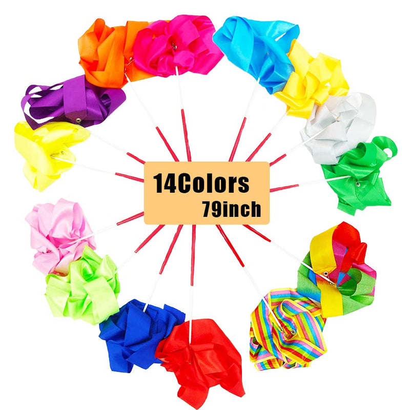 [Australia - AusPower] - Haawooky 14 Pieces Dance Ribbons Streamers,Rhythmic Gymnastics Ribbon Wands,Gym Ribbons Streamers,Silk Ribbon for Talent Shows, Artistic Dancing, Baton Twirling (14 Colors) 