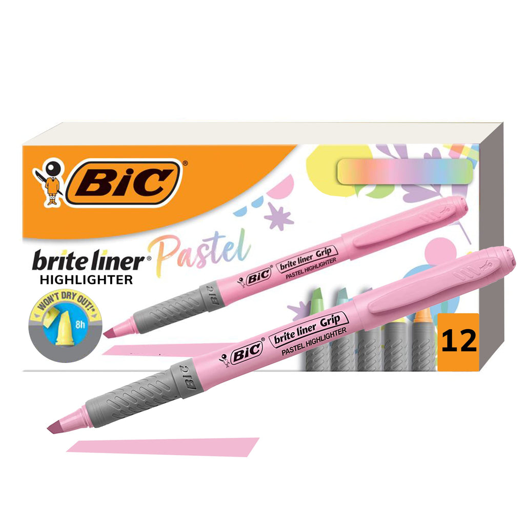 [Australia - AusPower] - BIC Brite Liner Grip Pastel Highlighter Set, Chisel Tip, 12-Count Pack of Pastel Highlighters in Assorted Colors, Cute Highlighters for Bullet Journal Exercises, Note Taking and More 