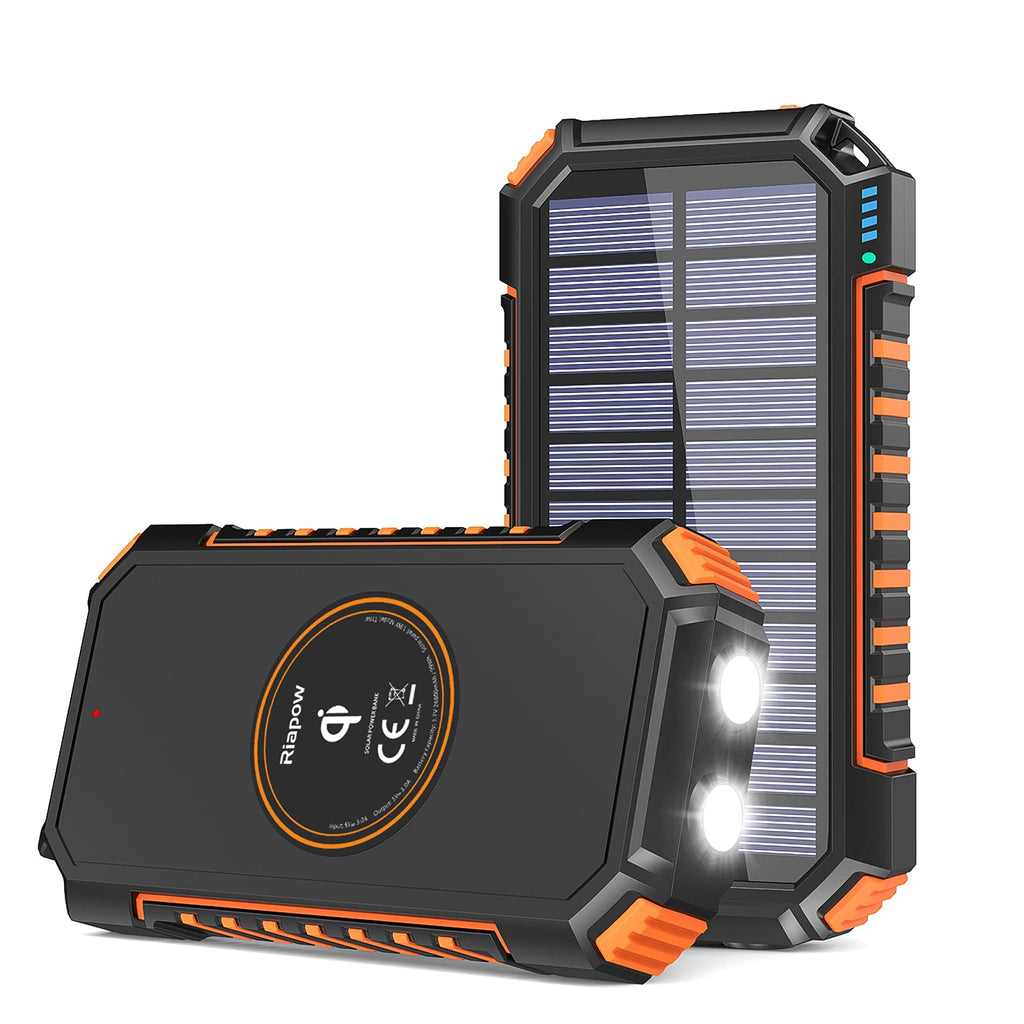 [Australia - AusPower] - Solar Charger 26800mAh, Riapow Solar Power Bank 4 Outputs USB C Quick Charge Qi Wireless Portable Charger with LED Flashlight for iPhone, Tablet, Samsung and Outdoor Camping Orange 