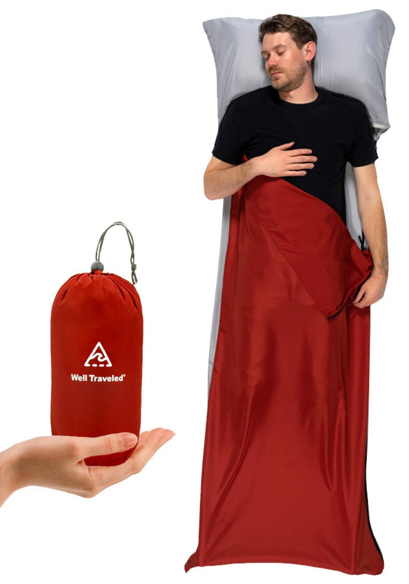 [Australia - AusPower] - Well Traveled Sleeping Bag Liner, Lightweight Adult Sleeping Sheet for Hiking, Backpacking and Camping, Easily Removable and Washable, Silky Smooth Fabric, Simple to Stuff Sack Red (Left Zipper) 