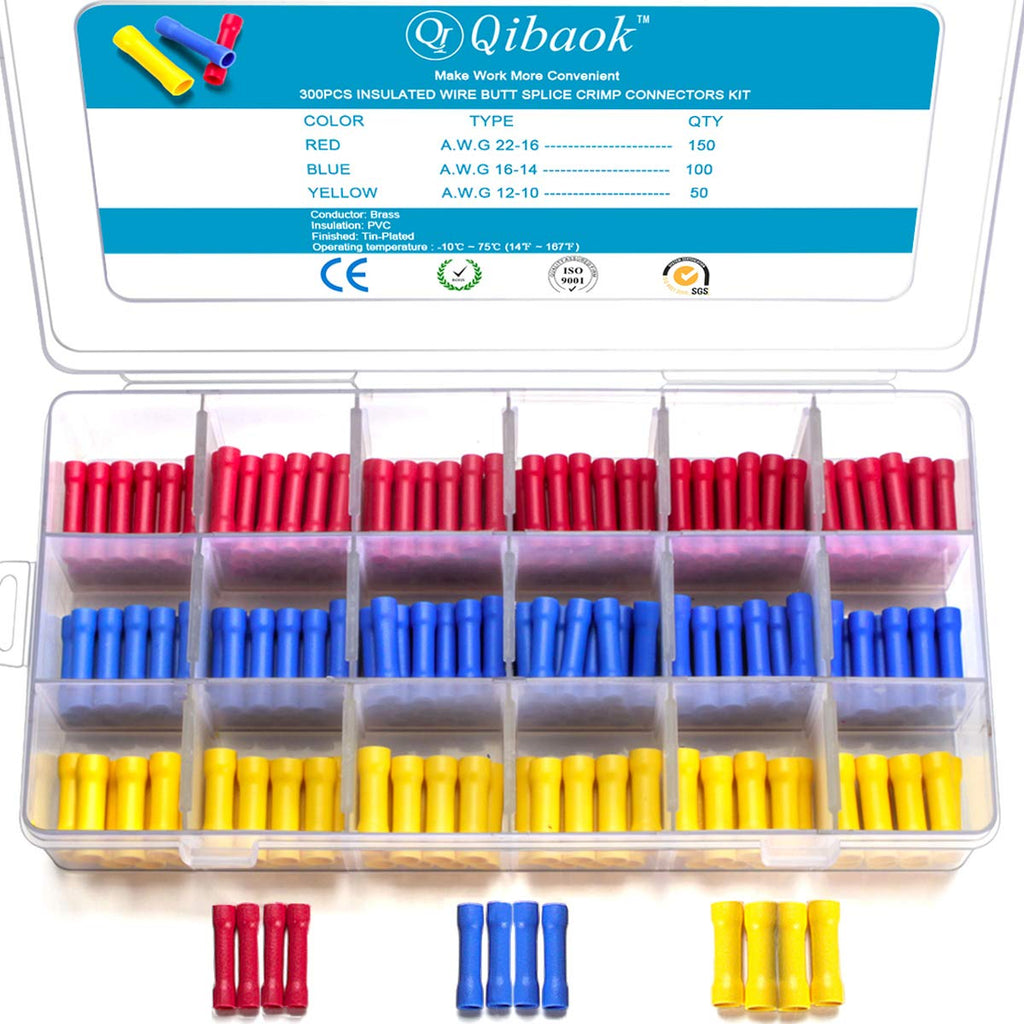 [Australia - AusPower] - Qibaok 300 PCS Butt Splice Crimp Connectors Insulated Electrical Straight Wire Terminal Connectors 10-22AWG 1 