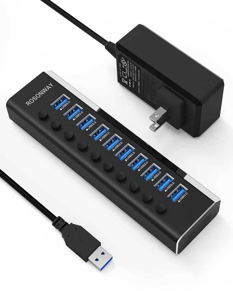 [Australia - AusPower] - Powered USB Hub, Rosonway Aluminum 10 Port USB 3.0 Data Hub with 36W (12V/3A) Power Adapter and Individual On/Off Switches USB Splitter(RSH-A10) 