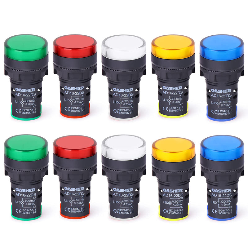 [Australia - AusPower] - GASHER 12V/24V/110V 20mA Energy Saving LED Indicator Light Mounting Hole Size 22mm (7/8 Inch) Green Yellow Red Blue White 10 Pcs 