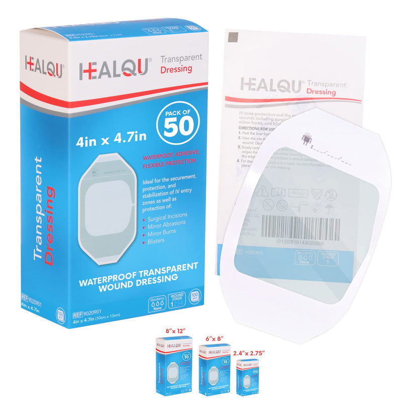 [Australia - AusPower] - Transparent Film Dressing,  4" x 4.7" Pack of 50 Waterproof Wound Bandage Adhesive Patches, Post Surgical Shower or IV Shield, Tattoo Aftercare Bandage by Healqu 4x4.7 Inch (Pack of 50) 