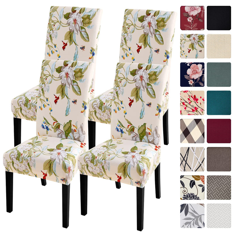 [Australia - AusPower] - SearchI Dining Room Chair Covers Slipcovers Set of 4, Spandex Super Fit Stretch Removable Washable Kitchen Parsons Chair Covers Protector for Dining Room,Hotel,Ceremony,Beige+Flowers 4 per set Beige+flowers 