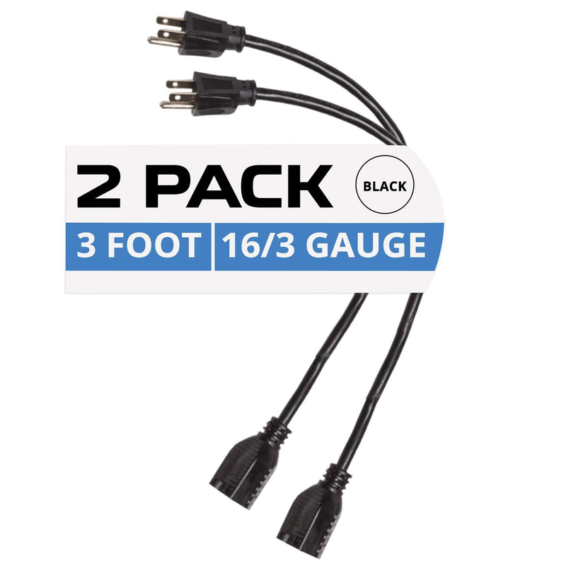 [Australia - AusPower] - 2 Pack of 3 Ft Black Extension Cords - 16/3 SJTW Durable Electrical Cable Set 3 Foot 