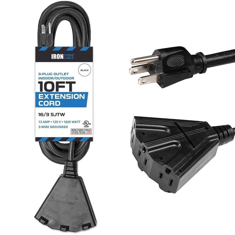 [Australia - AusPower] - 10 Ft Outdoor Extension Cord with 3 Electrical Power Outlets - 16/3 SJTW Durable Black Cable 10 Foot 
