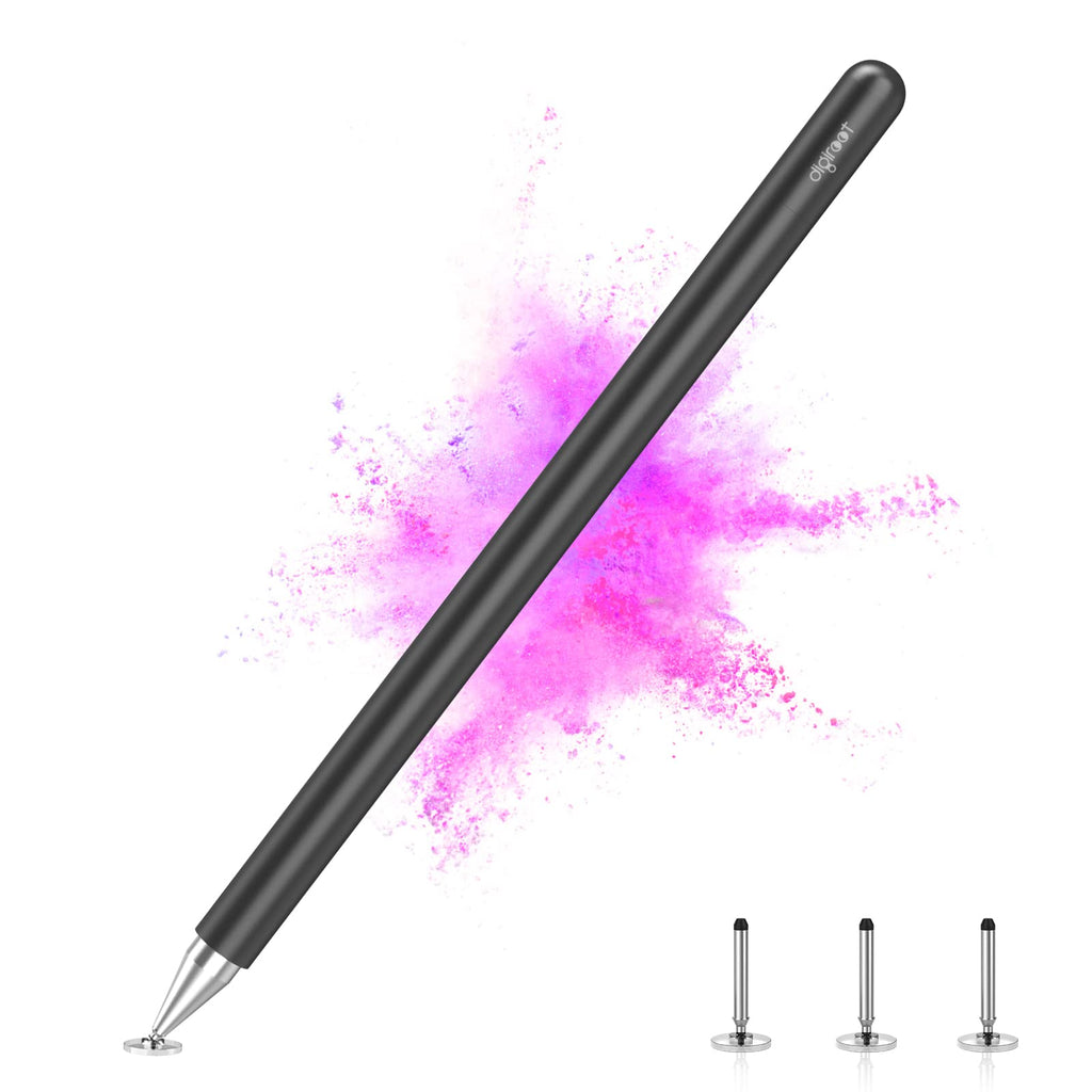 [Australia - AusPower] - Digiroot Stylus Pen for Touch Screens High Sensitivity Universal Disc Stylus Pencil with Magnetic Cap Compatible with Apple/iPhone/iPad Pro/Mini/Air/Android/Microsoft Tablets with 3 Replacement Tips Black 