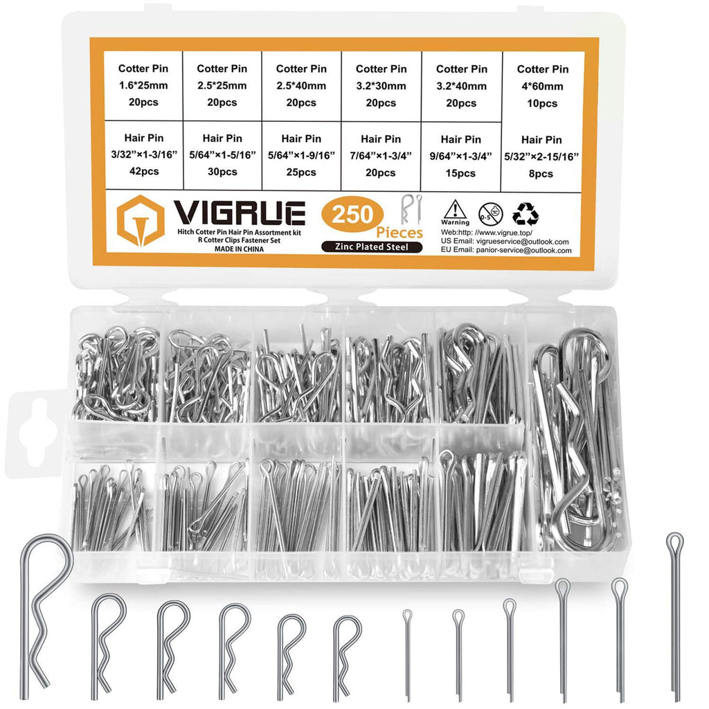 [Australia - AusPower] - VIGRUE Hairpin Cotter Pin Assortment Kit Zinc Plated Steel Hitch Clip Pins Fastener Set Multiple Sizes 250PCS with case 250 