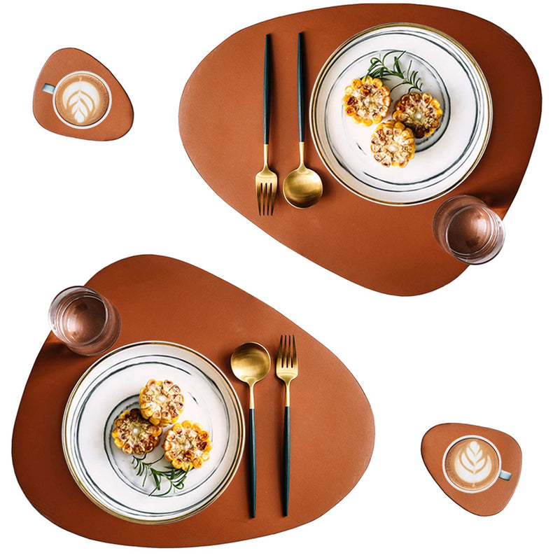 [Australia - AusPower] - Faux Leather Placemats and Coasters Set, Round Leather for Dinner Table Mats Heat Resistant Non-Slip Washable Insulation Coffee Mats Kitchen Place Mats Nordic Style (Brown, 2 Placemats+2 Coasters) Placemats Set of 2 and 2 Coaster Brown 